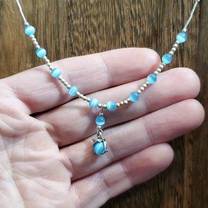 16 Inch 925 Sterling Silver Tarnished Blue Cat's Eye Dolphin Necklace